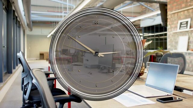 Translucent clock graphic appearing, scaling up, hands rotating clockwise, showing time over office