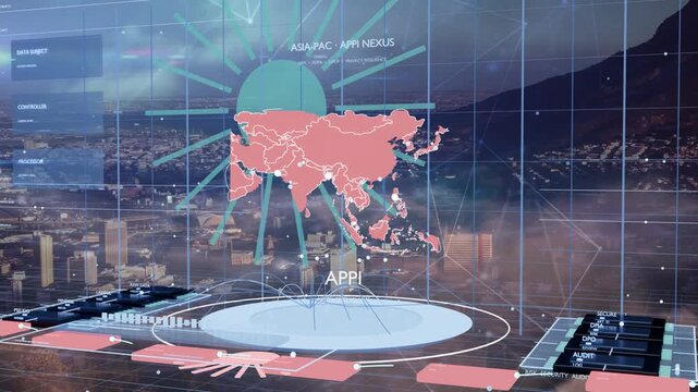 Pink hologram Asia map growing and detailing following teal pulse, displaying APPI nexus
