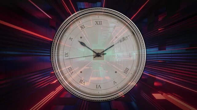 Animation starting with neon tunnel flaring, analog clock moving clockwise and showing time passing