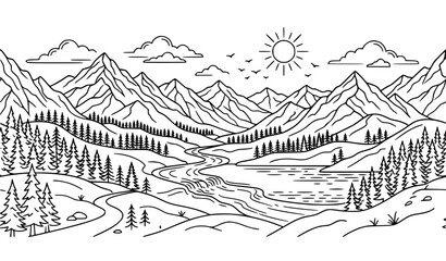 Fototapeta premium Elegant Mountain Landscape Line Art Background Black and White Vector Wallpaper Illustration