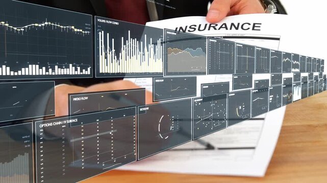 Hands resting starting data wall sliding, right hand lifting INSURANCE report, pen tapping analysis
