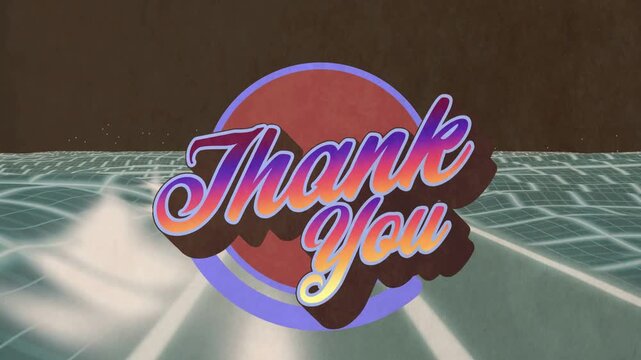 Offset letters starting retro 3D Thank You emblem aligning, bobbing, grid moving, showing thanks