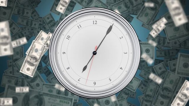On animation start clock moving hands while USD bills falling and swirling, showing time value