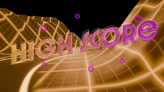 Camera dollying forward HIGH SCORE letters shifting, purple rings orbiting, revealing neon valley