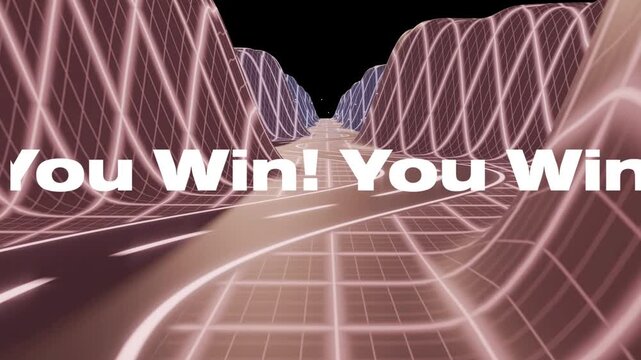 Cam starting forward, neon road moving, wireframe hills pulsing, 'You Win!' scaling marking victory
