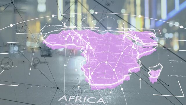 Projector activating, holographic Africa map appearing, nodes linking and pulsing, visualizing data