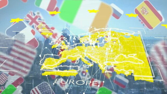 Dim skyline appearing 3D yellow map of Europe fading linking nodes and flags drifting showing links