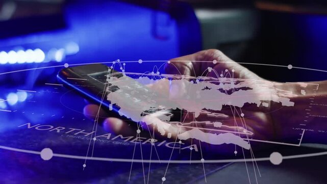 Hand tapping phone under blue LED, activating holo NORTH AMERICA map tracking, completing payment