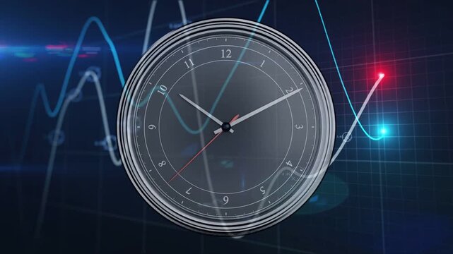 At start clock hands rotating clockwise, traces shifting and nodes pulsing, showing time and data