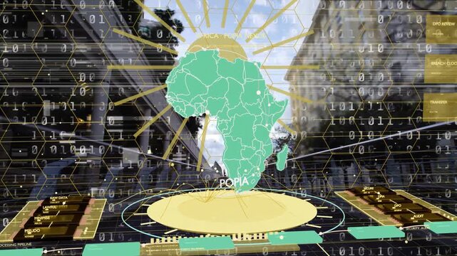 HUD activating, Africa hologram rising over urban street, network lines forming for POPIA