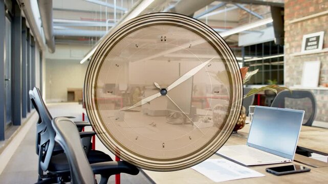 On start clock overlay rotating hands, camera panning right revealing desk, showing time passing