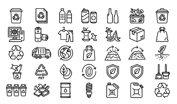 Garbage Sorting and Recycling Outline Icon Collection Black and White Vector Illustration