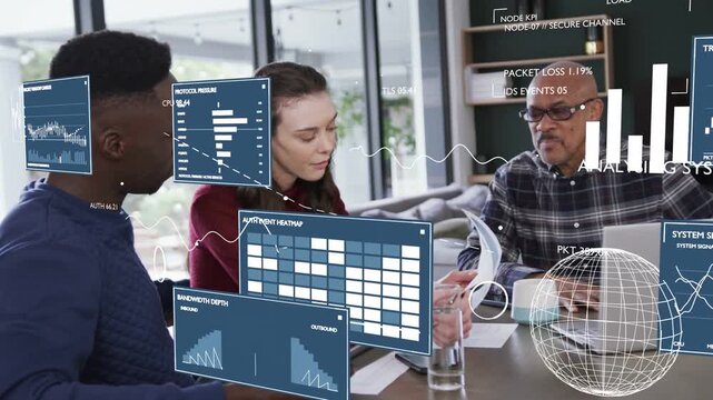 Left man tapping tablet team aligning around Auth Heatmap dashboards populating for business review