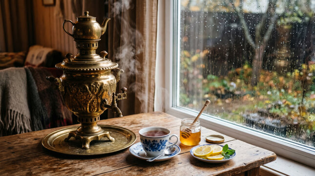 Ornate brass samovar steaming on rustic table beside rainy window with cup, honey jar and lemon slices; warm indoor tea moment on wet day