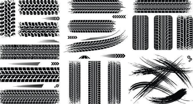 Tire track vector set featuring grunge tire marks protector treads detailed burnout stains transport elements isolated on white background
