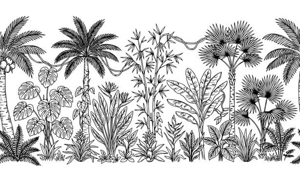 Seamless Tropical Jungle Border with Hand Drawn Palm Trees Black and White Line Art Vector Pattern
