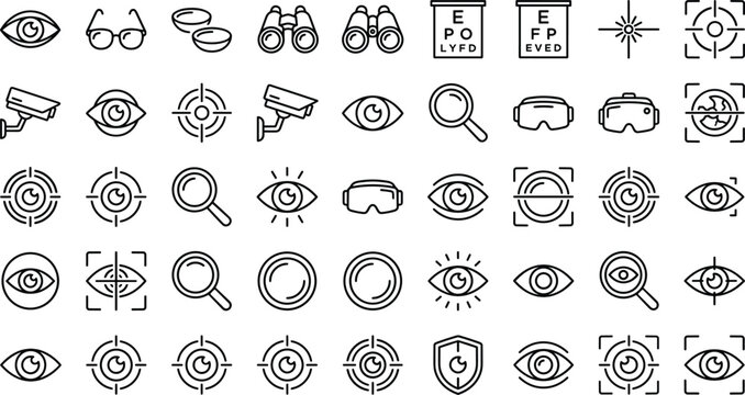 Vision optometry and biometric eye surveillance line vector icons set featuring glasses binoculars target charts and focus elements