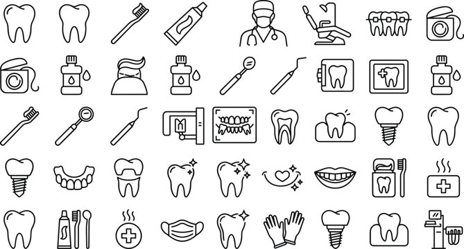 Dental care line vector icons set featuring teeth implants dentist tools braces toothpaste and mouthwash isolated