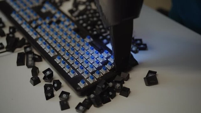 Close-up view of vacuum cleaner removing dust and debris from blue switches of dirty mechanical keyboard during regular maintenance, with keycaps scattered all over desk. Shooting in slow motion