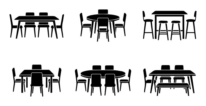 Dining table and chair sets icons, kitchen and bar furniture, outline solid styles, UI and web interface design