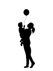 Mother Holding Child With Balloon Silhouette Vector
