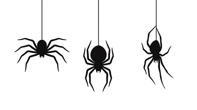 Three black spider silhouettes hanging from thin silk threads isolated on a clean white background for seasonal holiday design projects