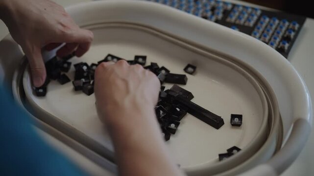 Close-up of hands washing and sorting keycaps in small basin. Concept of detailed process of cleaning and maintaining custom mechanical keyboard for optimal performance. Shooting in slow motion