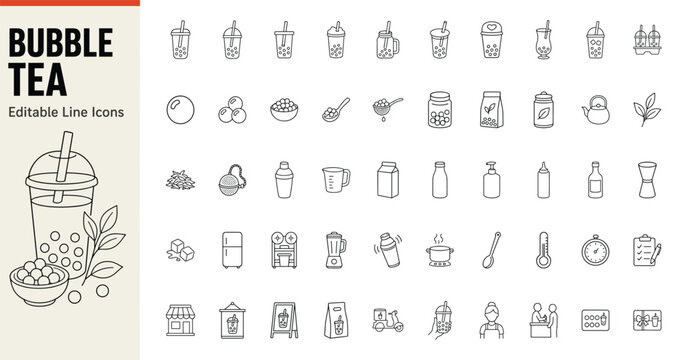 Bubble tea line icons for boba drink ingredients, preparation equipment, and cafe shop delivery