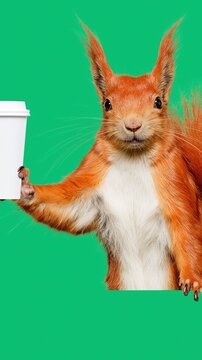 Red squirrel presenting coffee cup on green backdrop