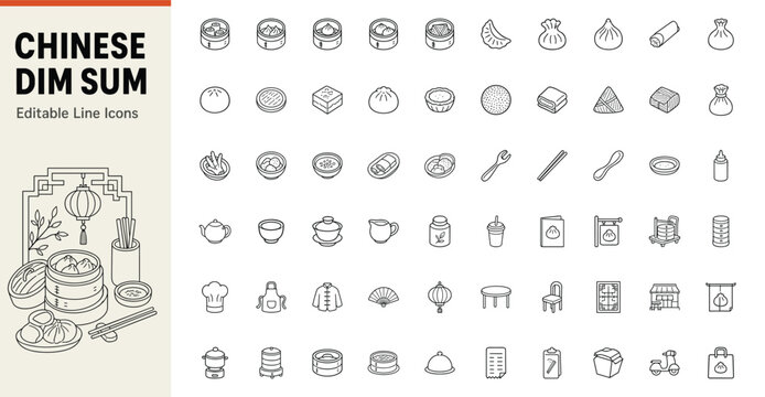 Chinese dim sum and dumpling line icons