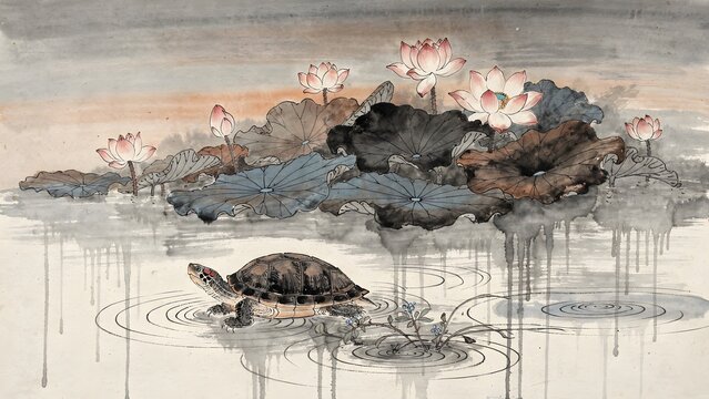 Traditional Chinese Ink Wash Painting of a Turtle Swimming in a Peaceful Lotus Pond with Blooming Flowers and Water Reflections