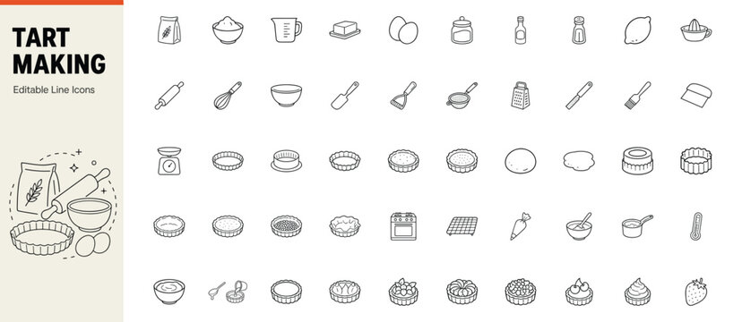 Tart making and pastry baking line icons with kitchen tools