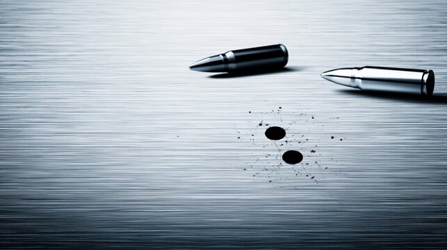 Bullets resting near impact marks on brushed metal surface