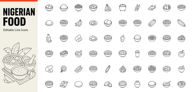 Nigerian food line icons of traditional West African cuisine