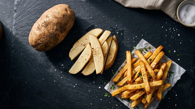 Potato Fast Food, Potatoes are arranged on a dark stone surface alongside raw wedges and a basket of crispy golden french fries.