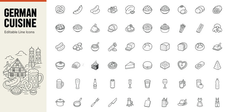 German cuisine and traditional food line icons