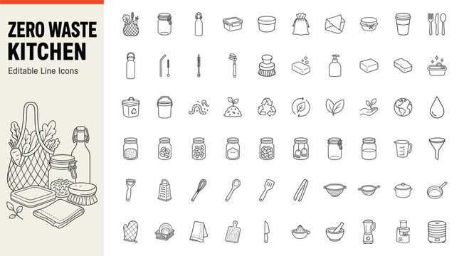 Zero waste kitchen and sustainable lifestyle line icons