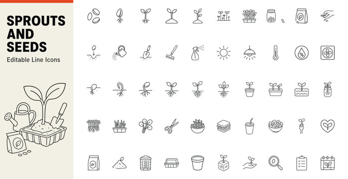 Sprouts and seeds line icons for microgreens and gardening