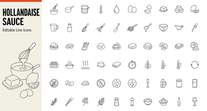 Hollandaise sauce cooking process and ingredients line icons