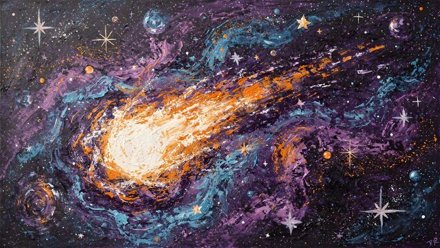 Vibrant Impasto Oil Painting of a Glowing Comet Streaking Through a Swirling Deep Space Galaxy Nebula