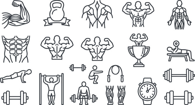 Bodybuilding fitness line icon set with bodybuilding muscles barbell kettlebell bench press push up and gym workout symbols vector