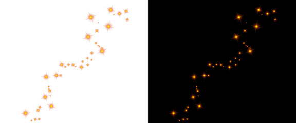 Golden sparkling stars trail on black and white backgrounds, glowing magic dust particles, shimmering light bokeh effect for festive design © Graphix Hub