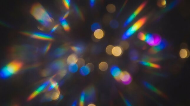 Abstract holographic prism light leak with rainbow color dispersion and glowing bokeh flares on dark background