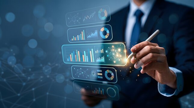A close-up of a businessman in a suit using a stylus on a digital tablet, interacting with a holographic interface showing financial charts, bar graphs, and data analytics.
