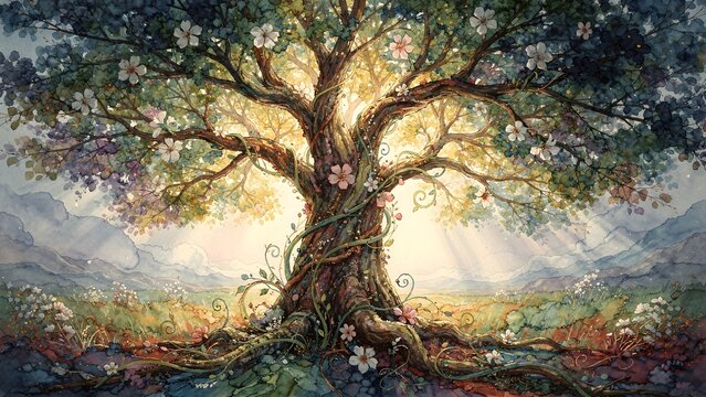 Enchanted Ancient Tree of Life with Radiant Light Blooms and Flowing Roots in a Magical Ethereal Forest Landscape