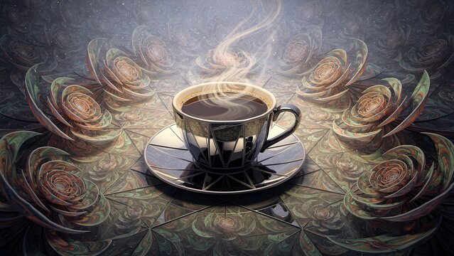 Steaming Cup of Dark Coffee Resting on an Ornate Intricate Fractal Floral Pattern Background