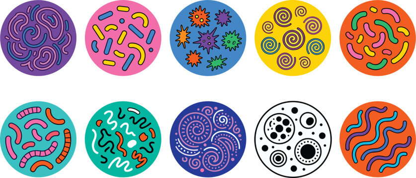 Vector set of bacteria and virus cultures in petri dishes medical laboratory research microbiology concept isolated on white background