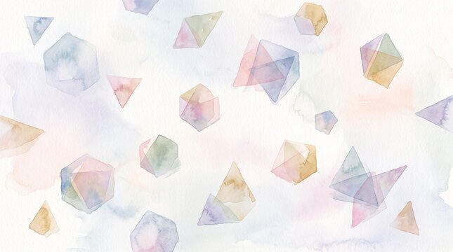Ethereal Abstract Background Featuring Floating Watercolor Geometric Polyhedrons in Soft Pastel Colors