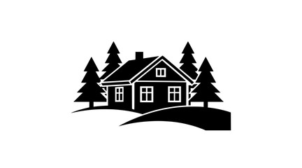 Fototapeta premium Cozy Winter Cabin Surrounded by Pine Trees - Black and White Icon