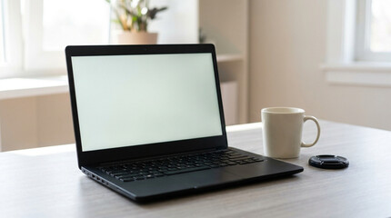 Fototapeta premium Digital literacy laptop computer technology workspace coffee cup office desk screen keyboard modern indoors table black device communication